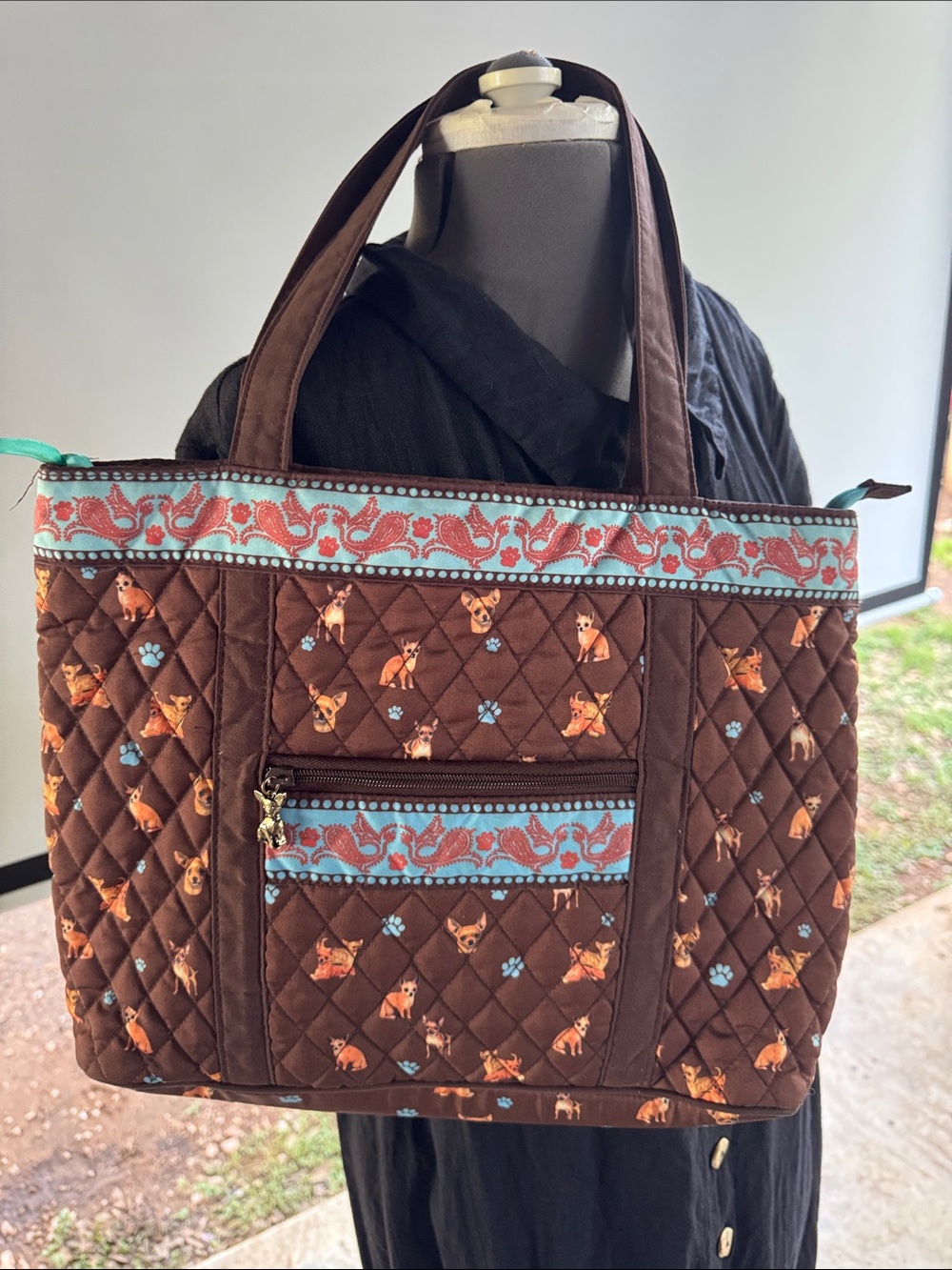 Quilted Brown Dog Print Tote Bag with Turquoise Trim